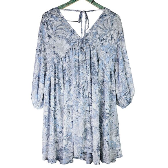 Umgee Baby Blue White Floral Crochet Trim Tunic Dress Sz M - Picture 2 of 7